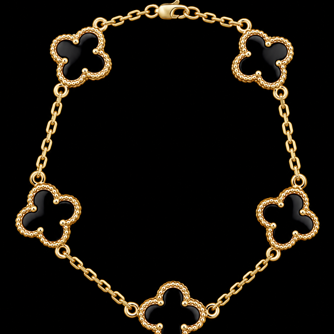 S7" | Midnight Clover Black Five-Motif Bracelet in 10K Yellow Gold