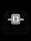 925S Emerald Cut Moissanite Halo Ring – 1.50 CTW VVSD | Size 8