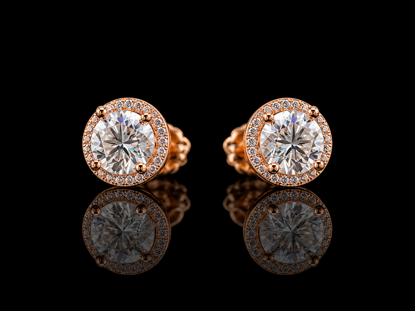 925S Rose Gold Halo Moissanite Stud Earrings – 2.26 CTW