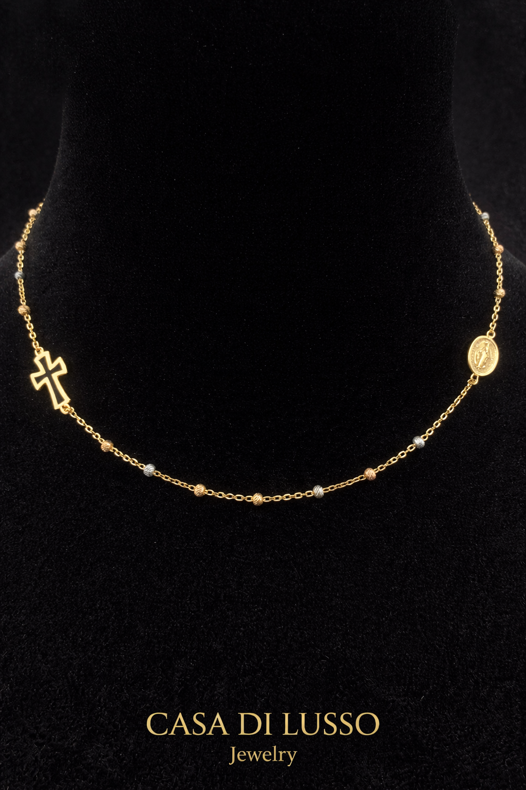 18K Italian Tri-Color Gold Rosary Style Necklace – 18”