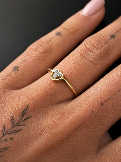 18K Colombian Gold Triple Zirconia Heart Ring – Minimal Luxury Stack Ring (Size 5.5)