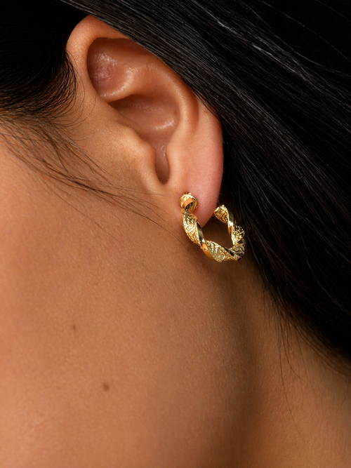 18K Italian Gold Twisted Textured Hoop Earrings