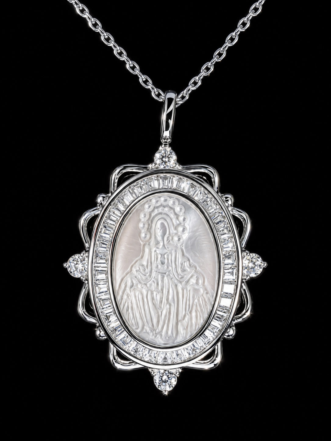 Virgin Mary Mother of Pearl Pendant – 925S CZ Necklace