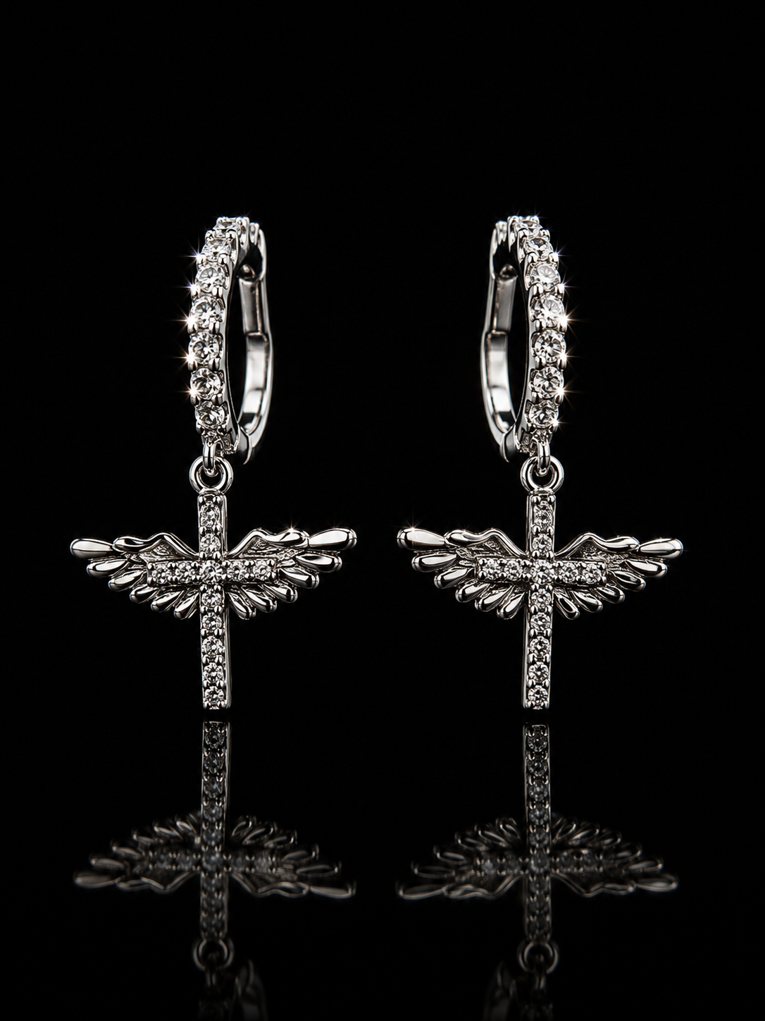 925S Angel Wing Cross CZ Hoop Earrings