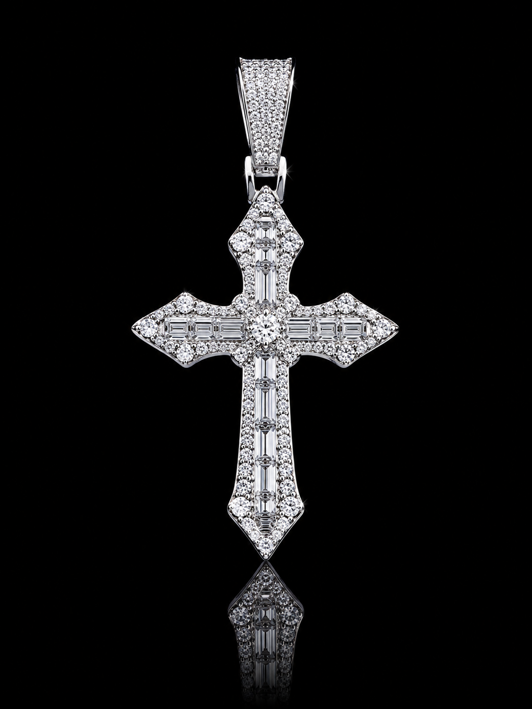 Moissanite Cross Pendant – 3 CTW Baguette & Pavé Design