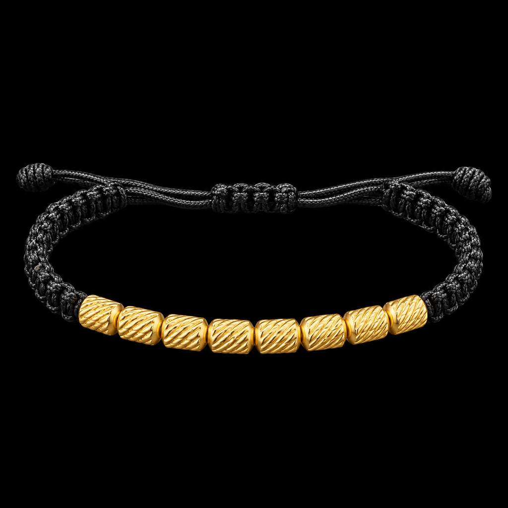 18K Yellow Gold Textured Bead Black Macramé Bracelet