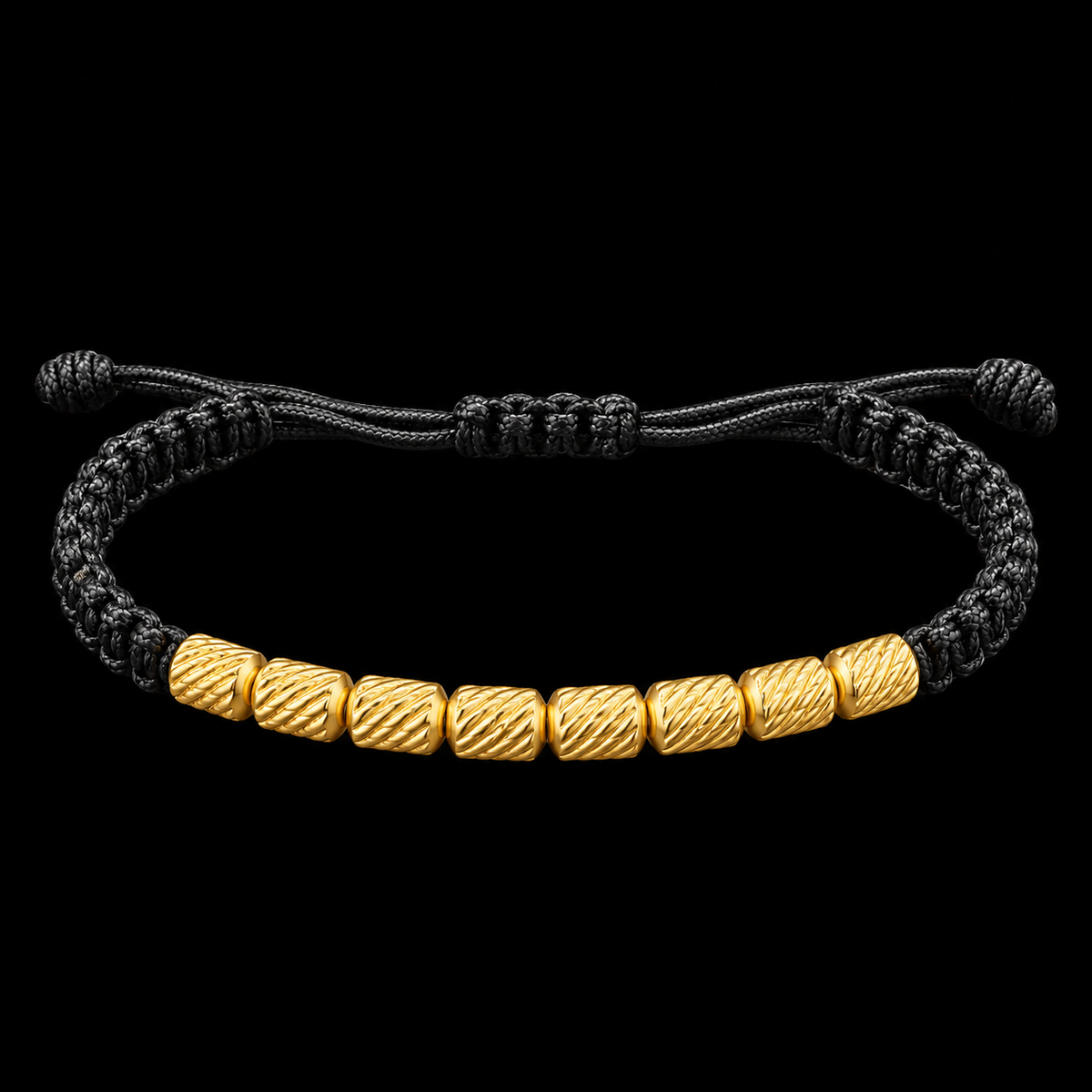 18K Yellow Gold Textured Bead Black Macramé Bracelet