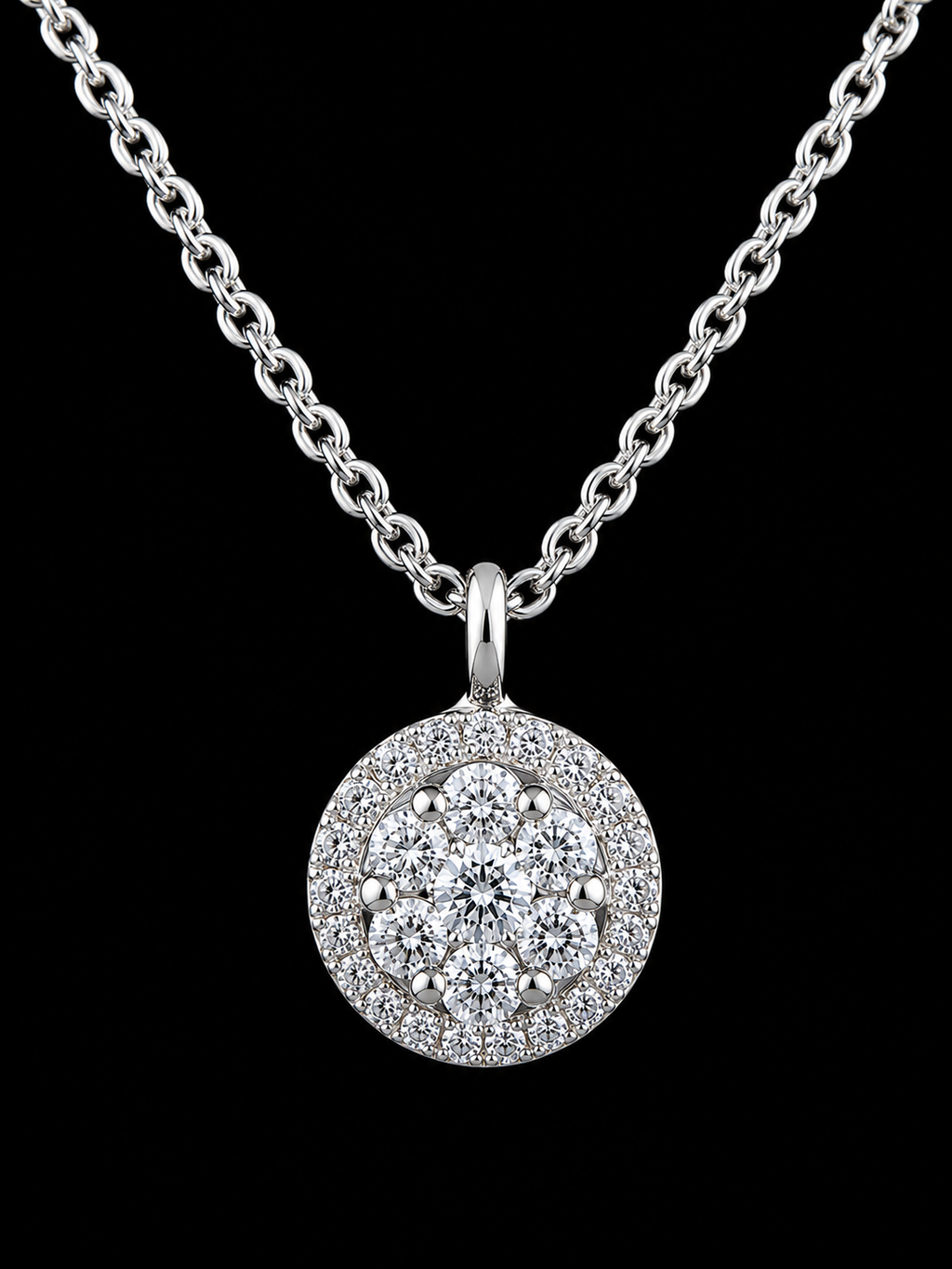 14K White Gold Diamond Halo Cluster Necklace – 18"