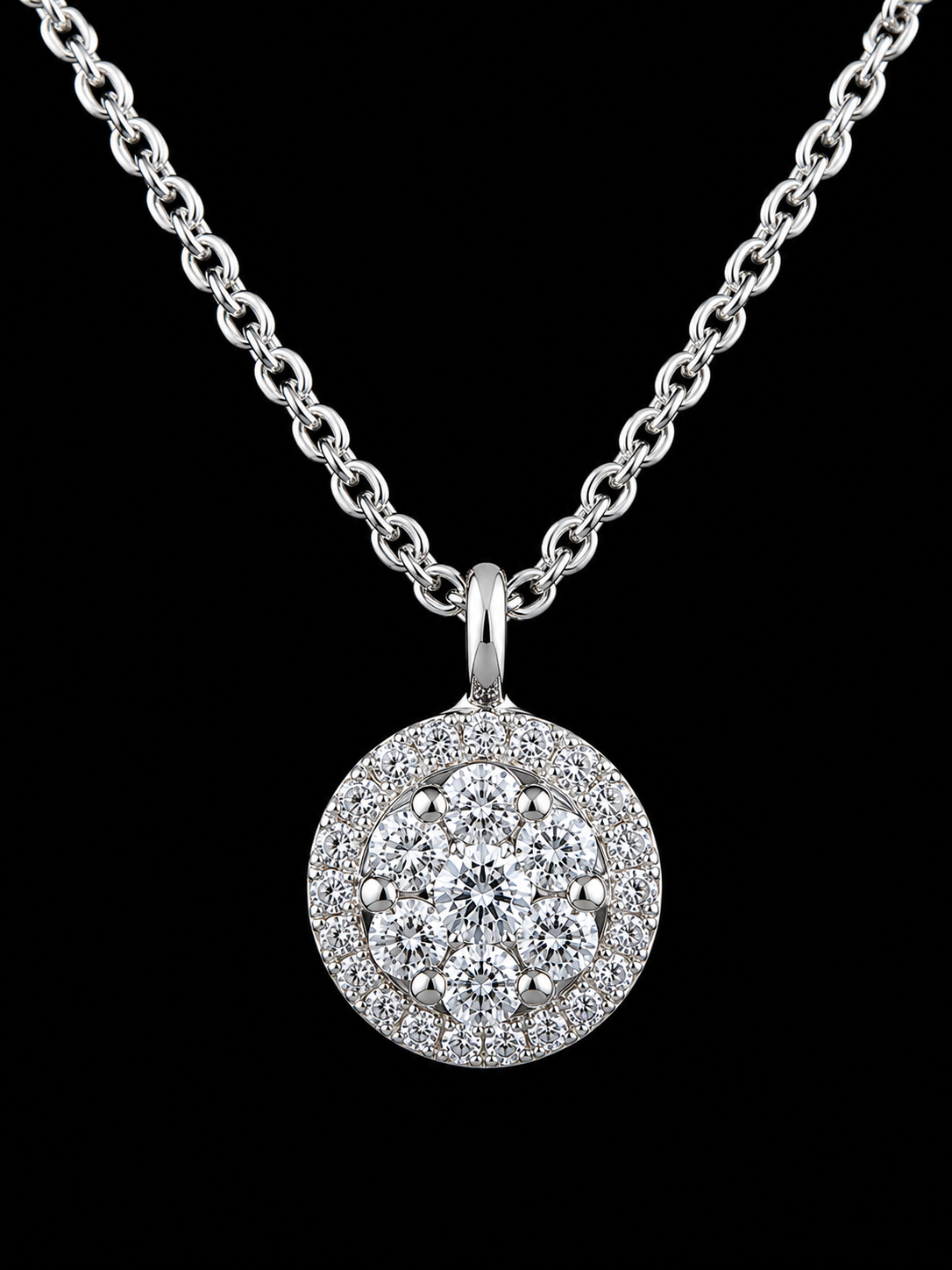 14K White Gold Diamond Halo Cluster Necklace – 18"