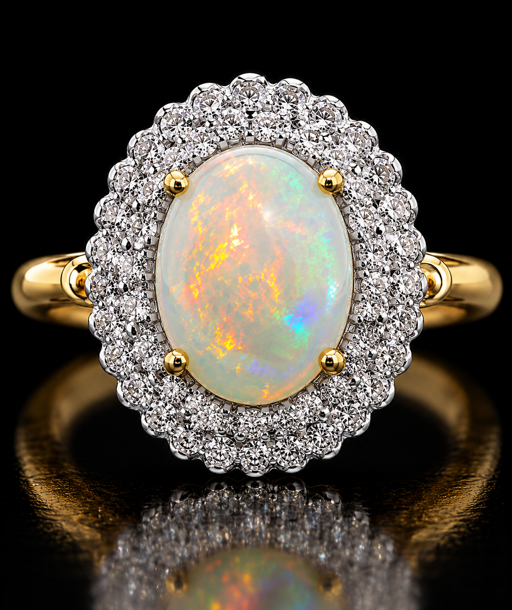 14K Gold Natural Opal & Diamond Halo Ring – Size 5.5