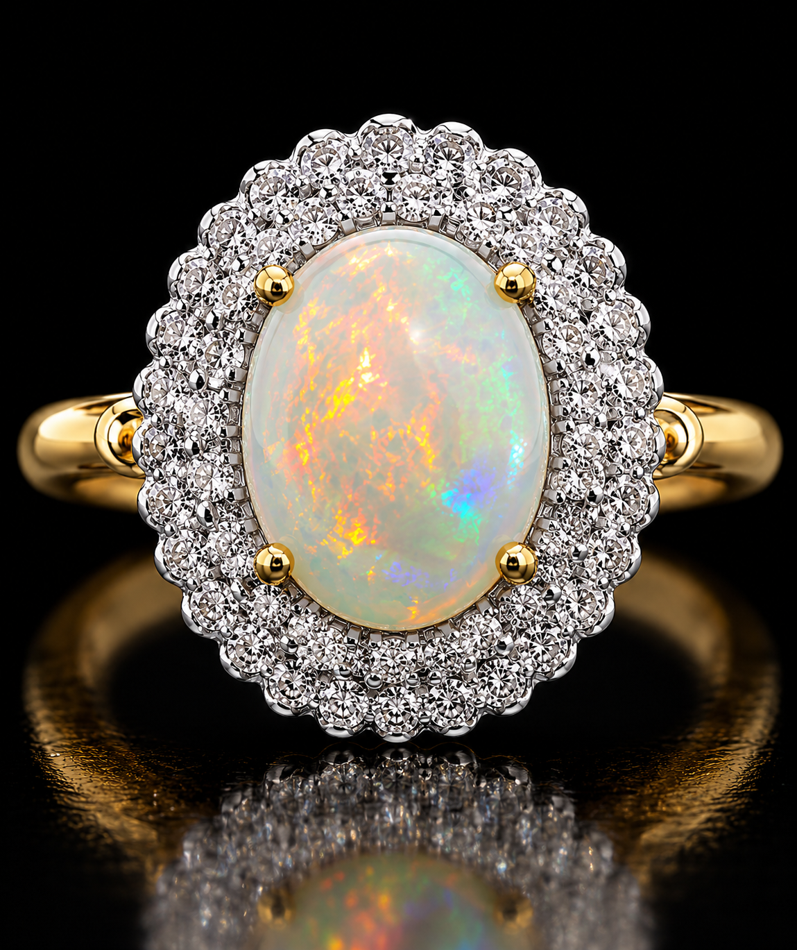 14K Gold Natural Opal & Diamond Halo Ring – Size 5.5