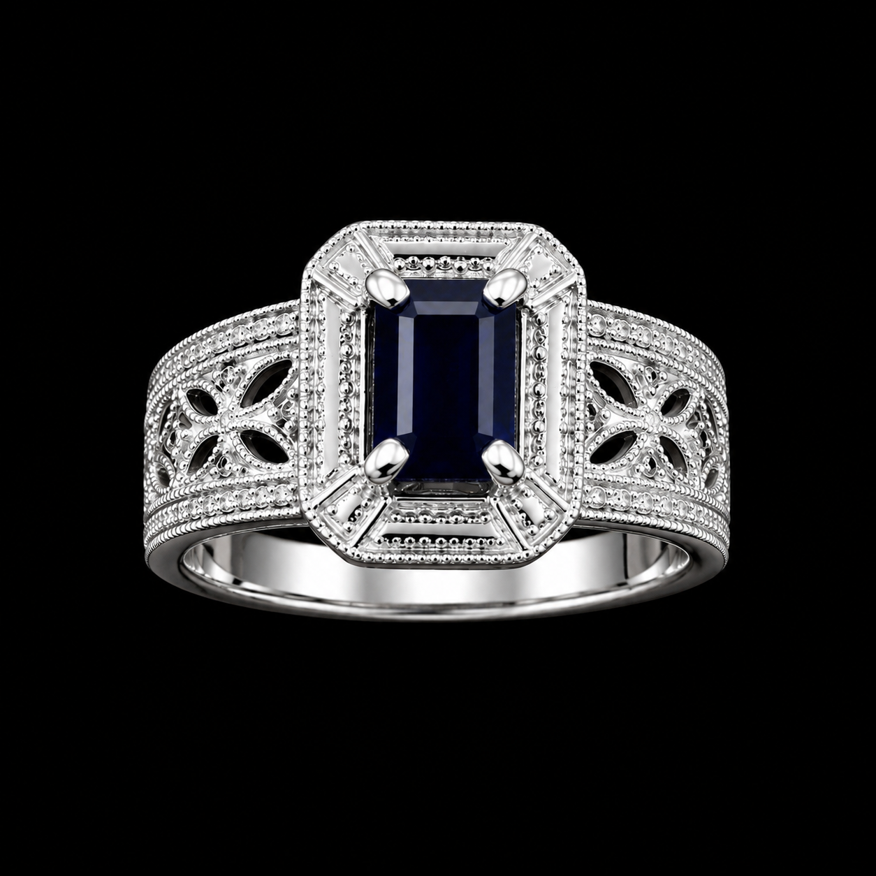 925S Emerald-Cut Blue Sapphire Vintage Ring – Size 7