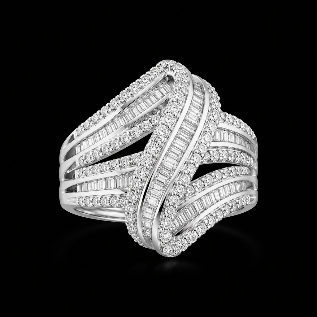 925S Natural Diamond Multi-Row Crossover Statement Ring – Size 7.5