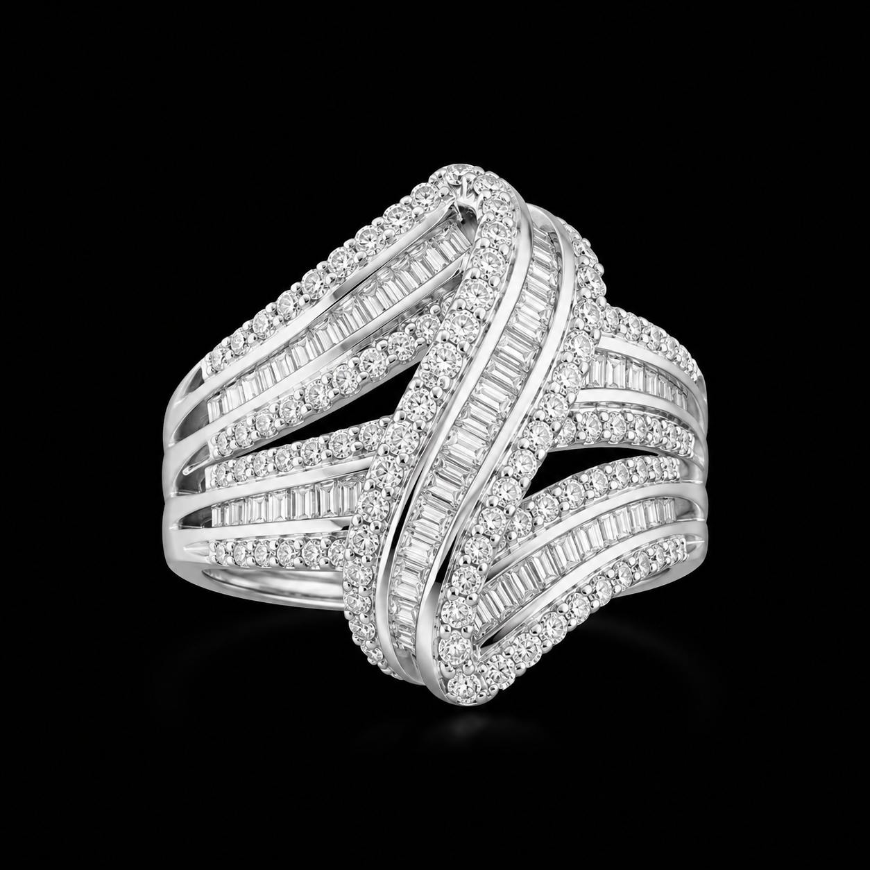 925S Natural Diamond Multi-Row Crossover Statement Ring – Size 7.5