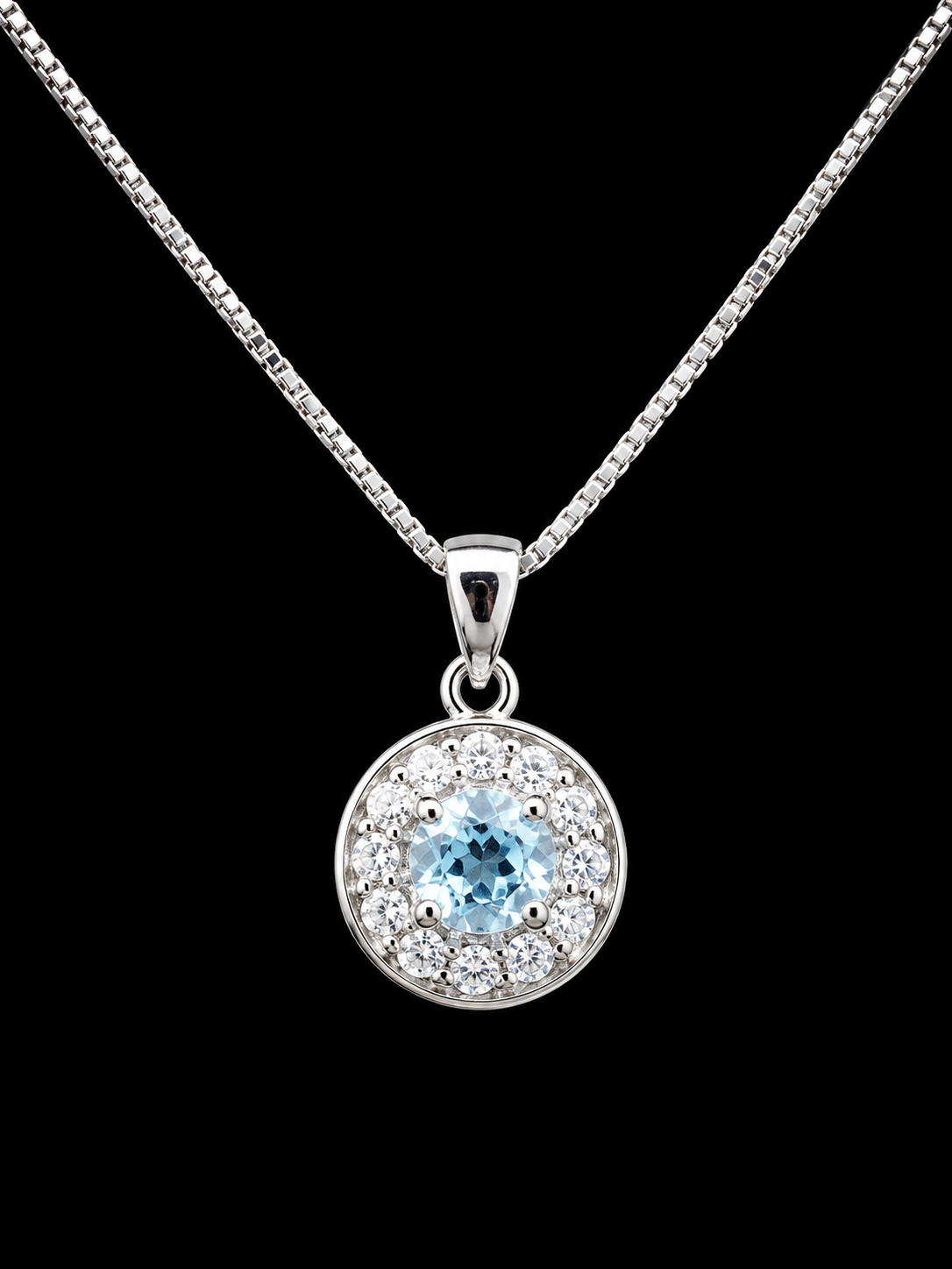 18" | 925 Sterling Silver Aquamarine & CZ Halo Pendant Necklace