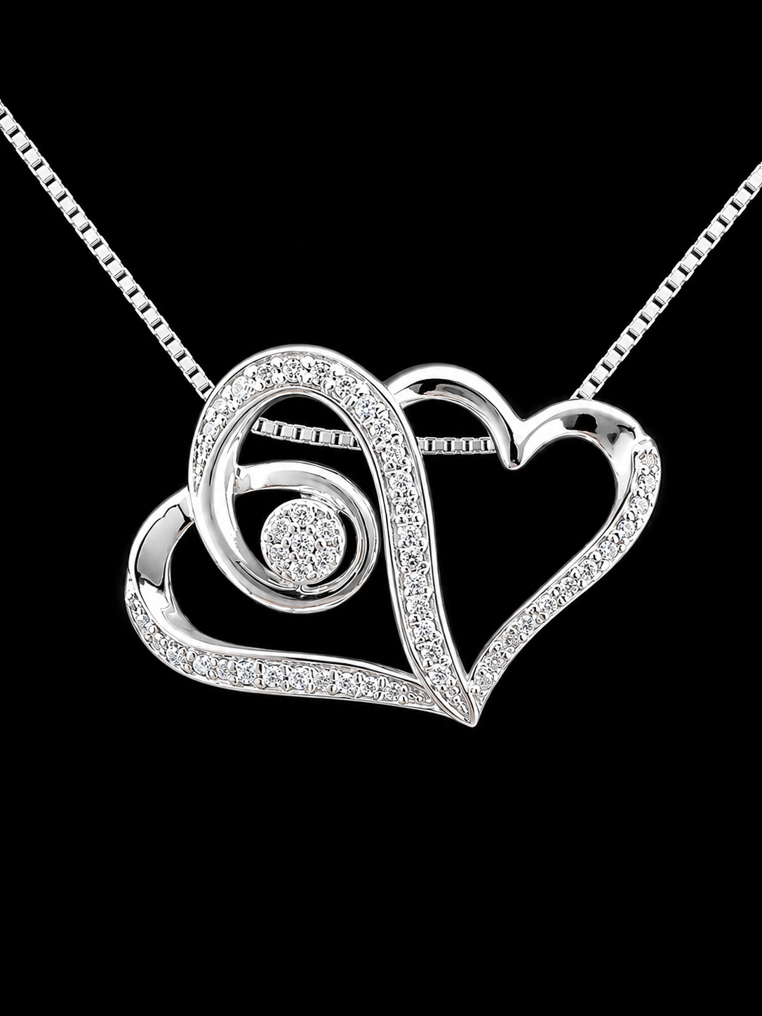 16" | 925 Italy Sterling Silver Natural Diamond Interlocking Hearts Necklace