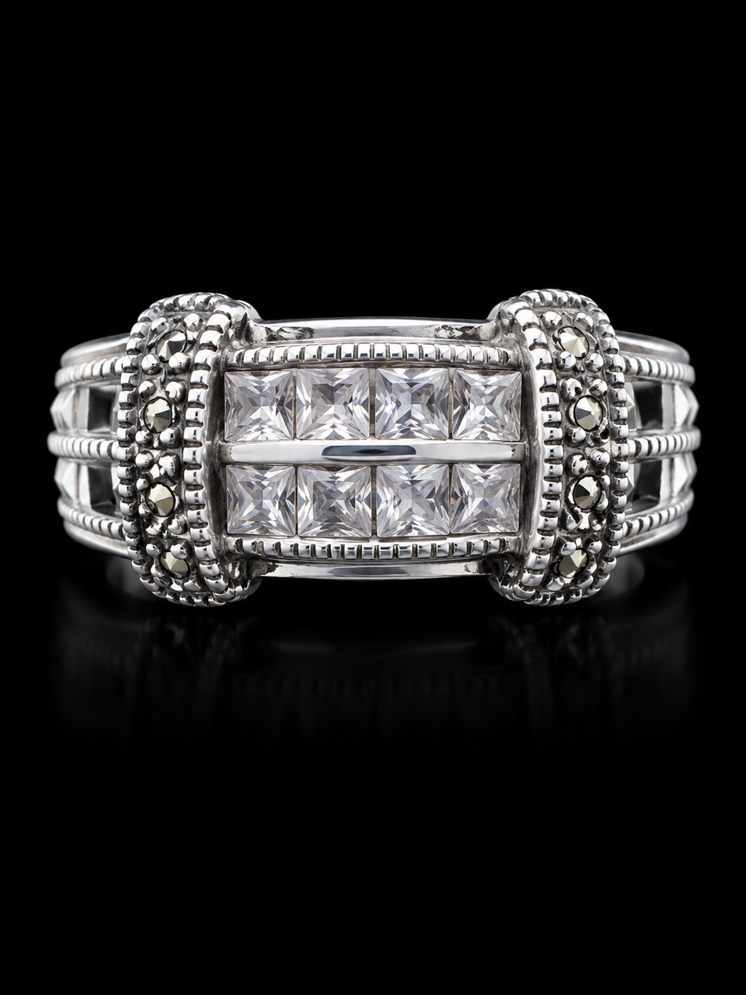 S7 | 925 Sterling Silver Princess Cut CZ & Marcasite Vintage Statement Ring