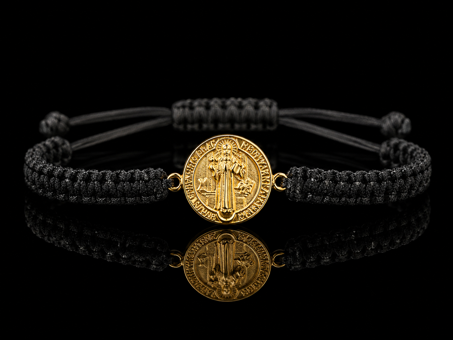18K Gold San Benito Macramé Bracelet | Adjustable Black Cord | 1.30g