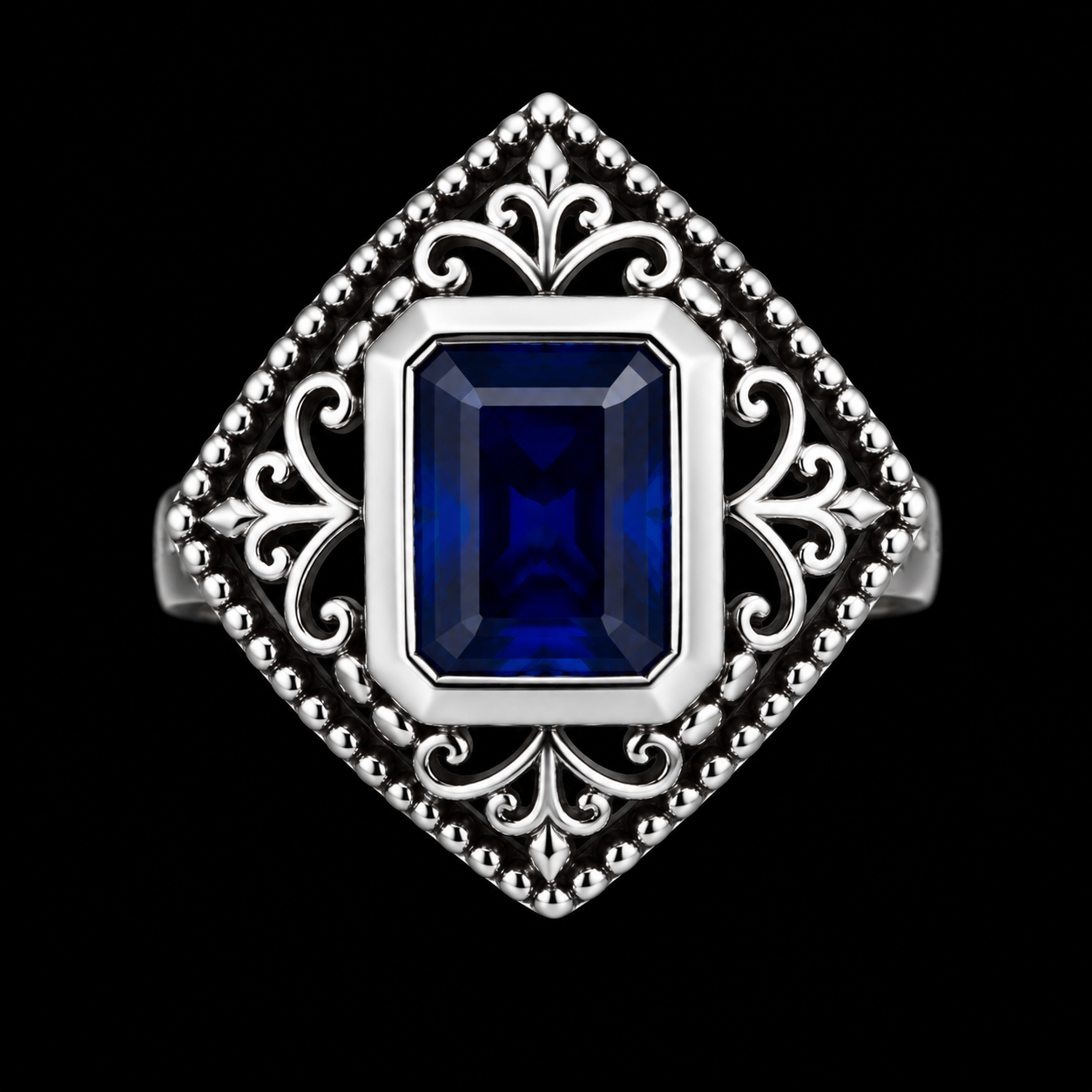 S6 | 925 Sterling Silver Emerald-Cut Blue Topaz Vintage Statement Ring