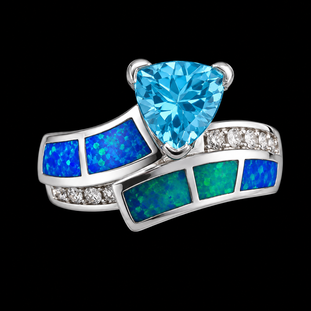S5.5 | 925 Sterling Silver Blue Tourmaline, Opal & CZ Statement Ring