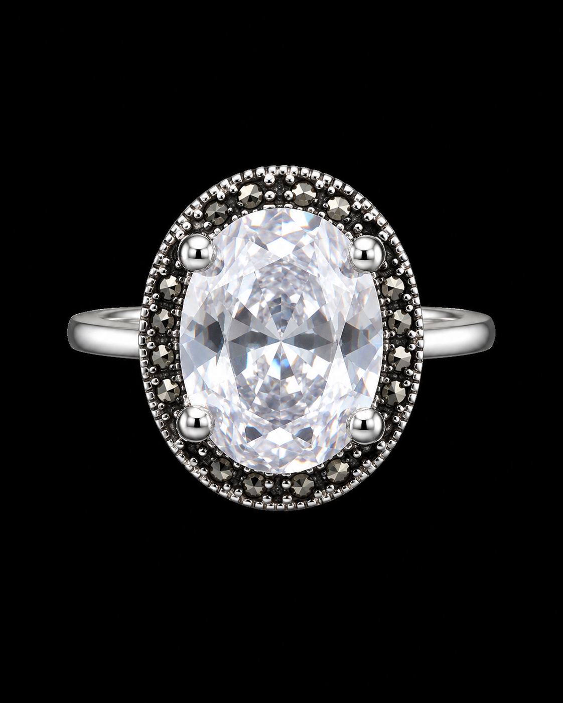S9.5 | 925 Sterling Silver Oval CZ Halo Ring with Black Spinel Accents