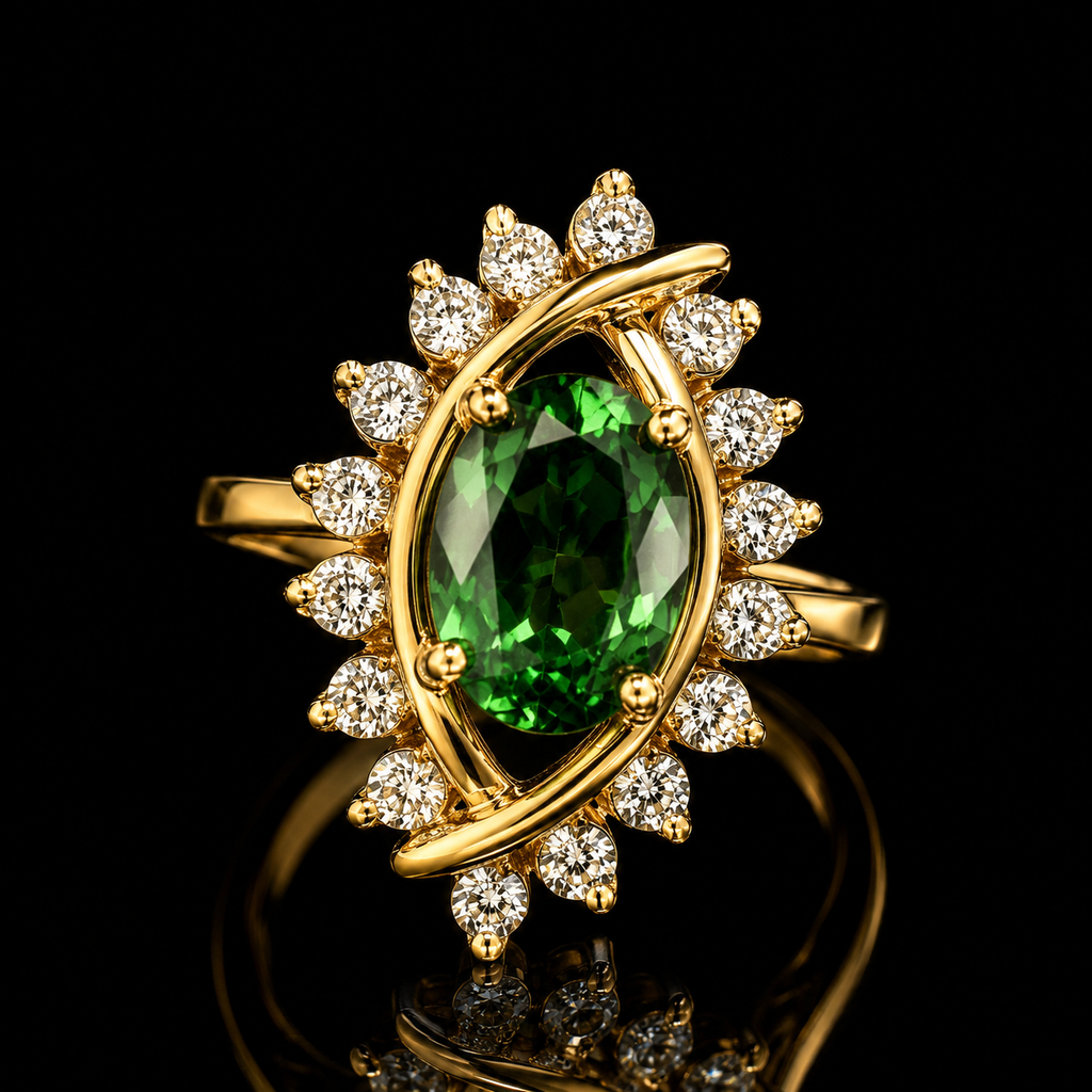 18K Mexican Gold Green Halo Ring | Marquise Cubic Zirconia Ring
