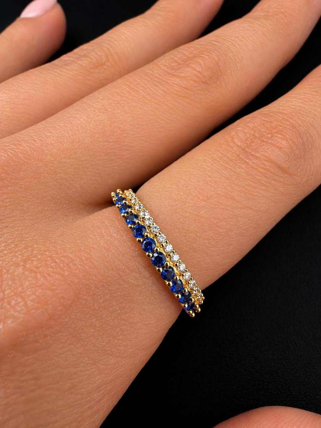 18K Colombian Gold Blue & White Zirconia Wave Ring – Dual Row Luxury Band (Size 7)