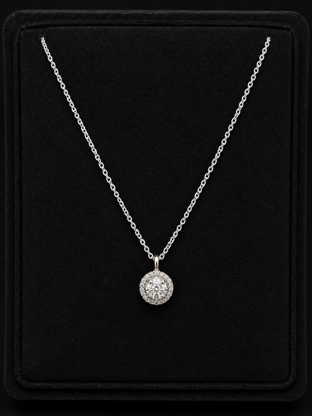 14K White Gold Diamond Halo Cluster Necklace – 18"