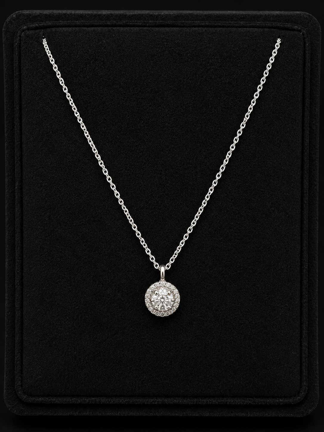 14K White Gold Diamond Halo Cluster Necklace – 18"