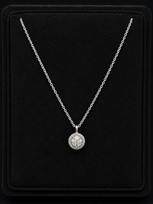 18"| 14K White Gold Diamond Halo Cluster Necklace – 18"