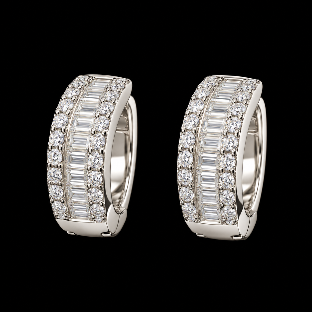 925 Sterling Silver Triple-Row Moissanite Baguette Huggie Hoop Earrings – 0.54 CTW