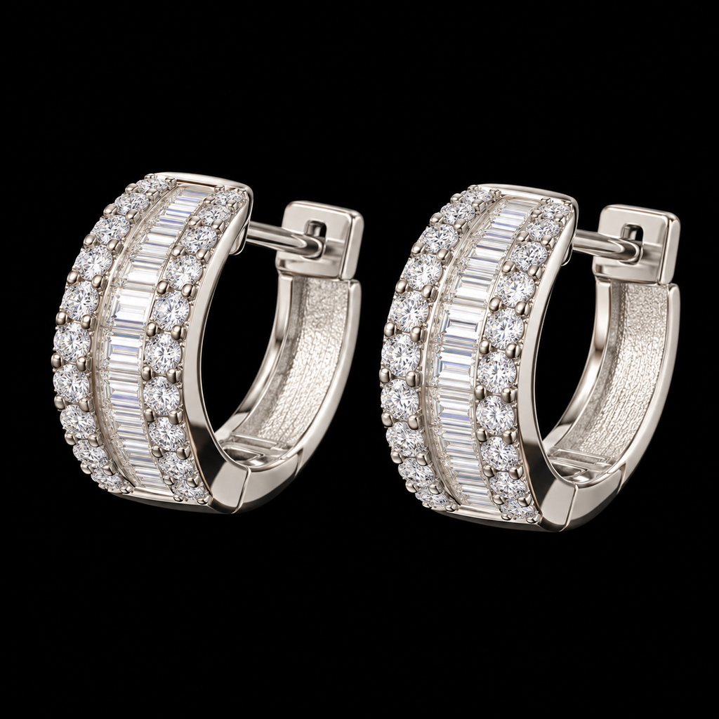 925 Sterling Silver Triple-Row Moissanite Baguette Huggie Hoop Earrings – 0.54 CTW