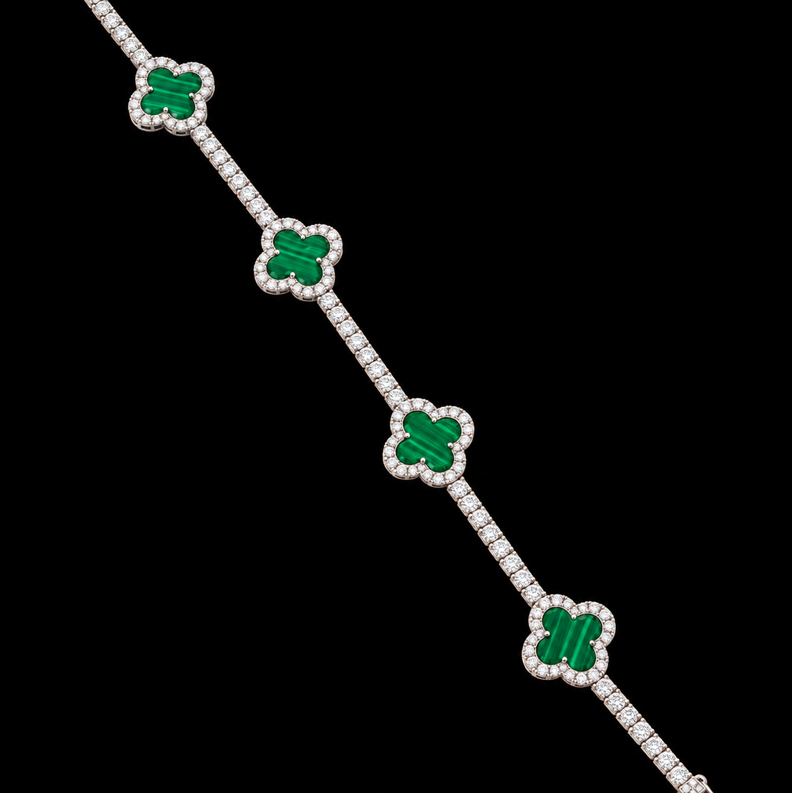 S7.5 | Lusso Verde Clover Moissanite & Malachite Bracelet – 925 Silver | 3.95 CTW