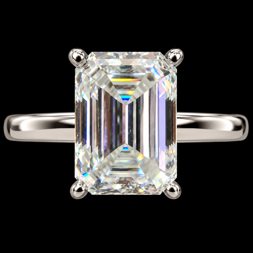 An emerald-cut diamond ring with a silver-colored band, set against a solid black background.