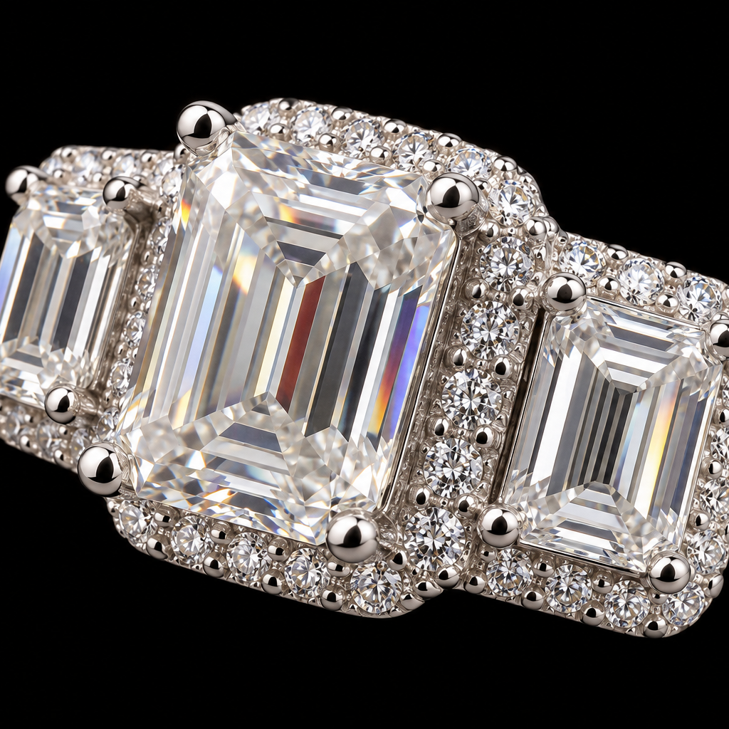 S7 | Lusso Trinity 925 Sterling Silver Emerald-Cut Moissanite Ring – 1.61 CTW