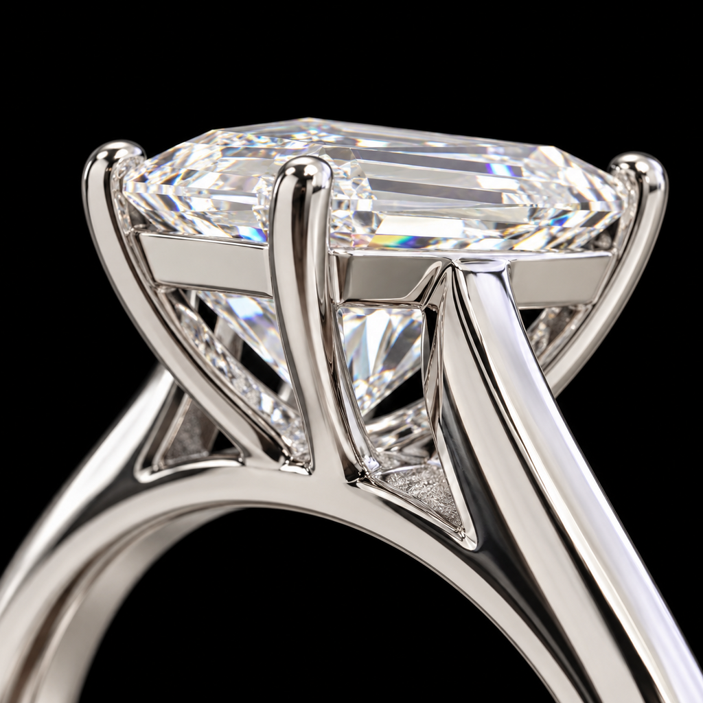 Close-up of a solitaire engagement ring featuring a large emerald-cut diamond set in a polished silver-colored metal band, shown against a solid black background.
