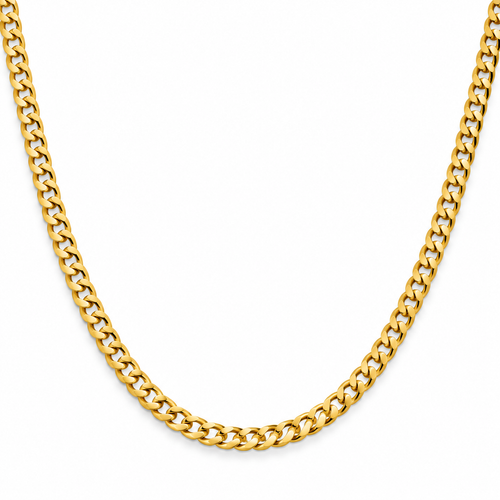 A close-up of a gold Cuban link chain necklace against a plain white background.
