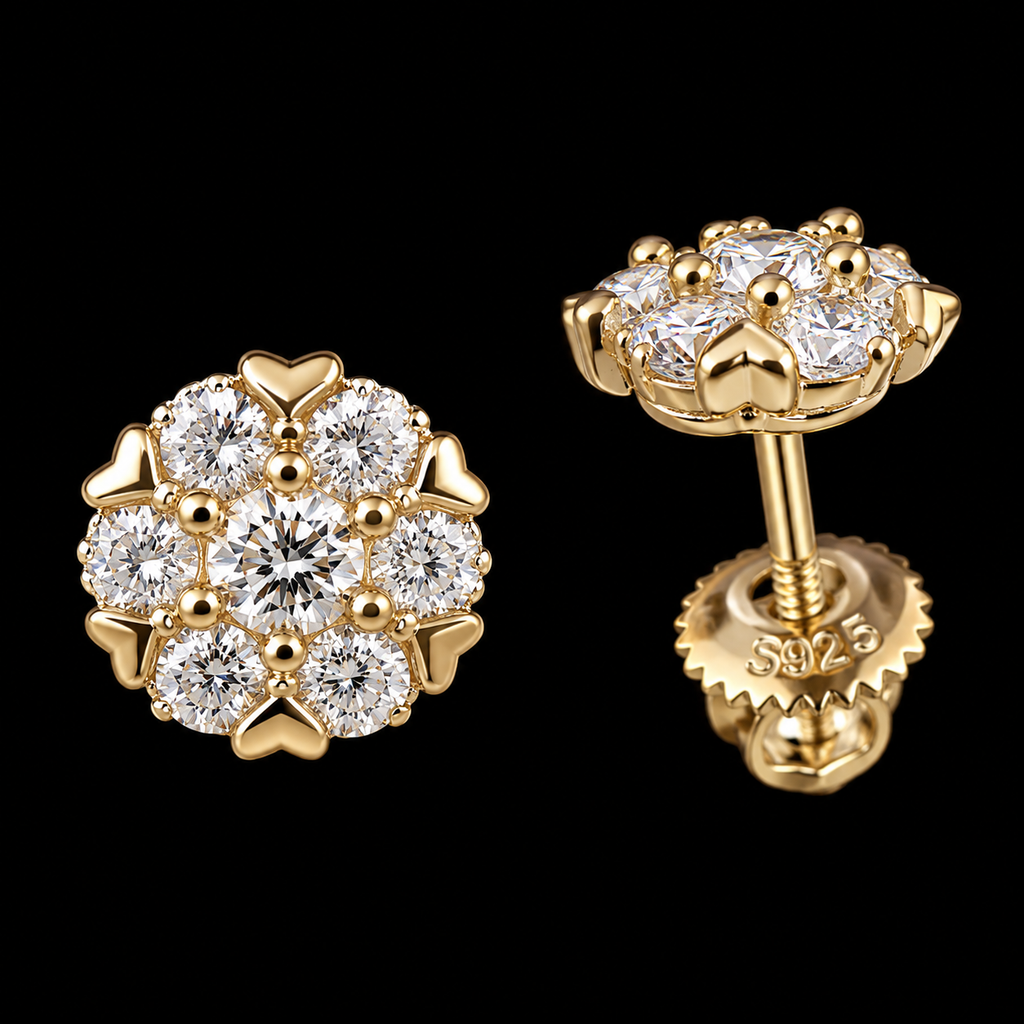 925 Sterling Silver Gold Plated Moissanite Heart Accent Floral Cluster Stud Earrings – 0.48 CTW