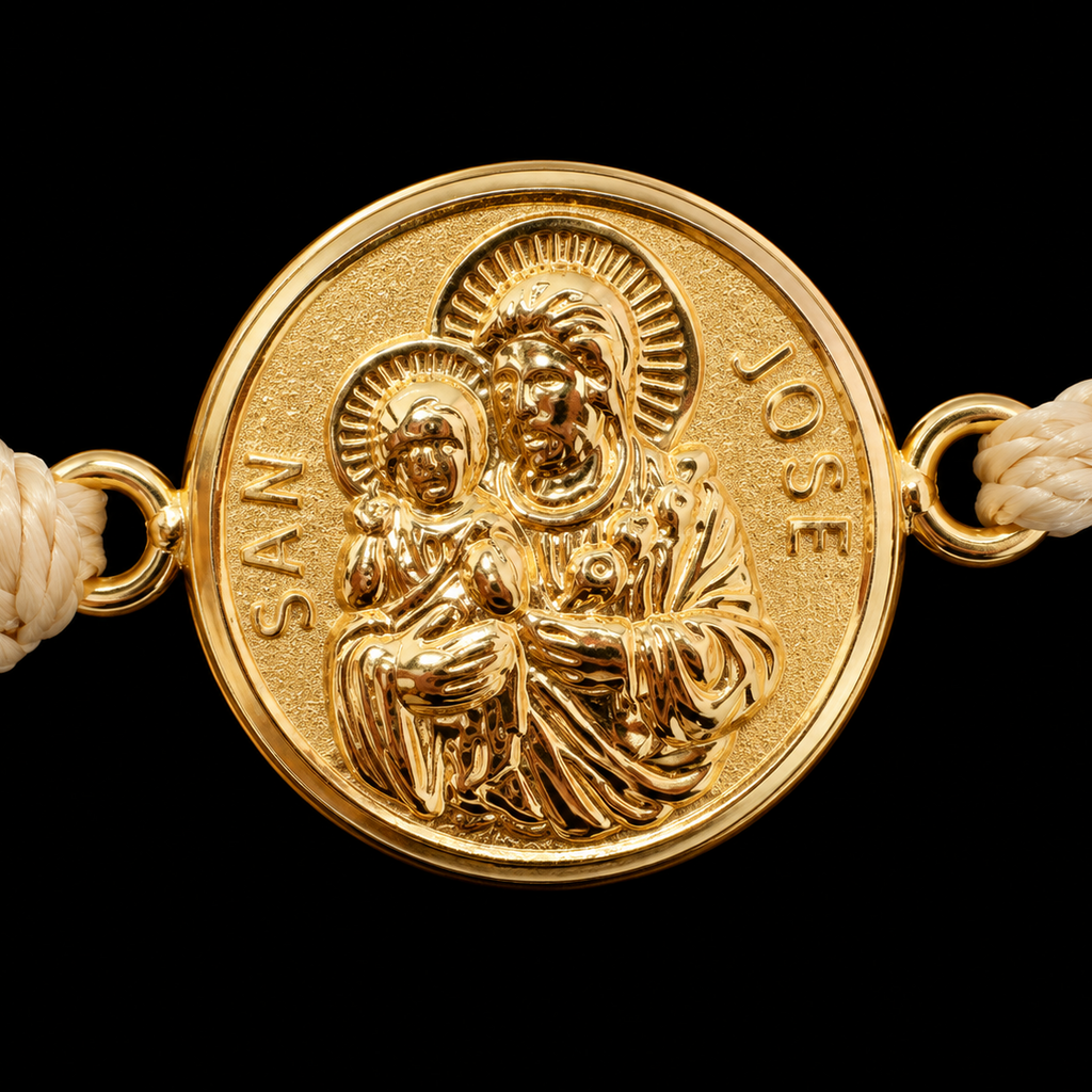 18K Yellow Gold Saint Joseph Medal Ivory Macramé Bracelet