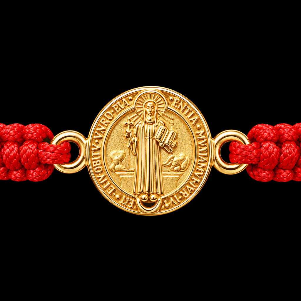 18K Yellow Gold Saint Benedict Red Macramé Bracelet