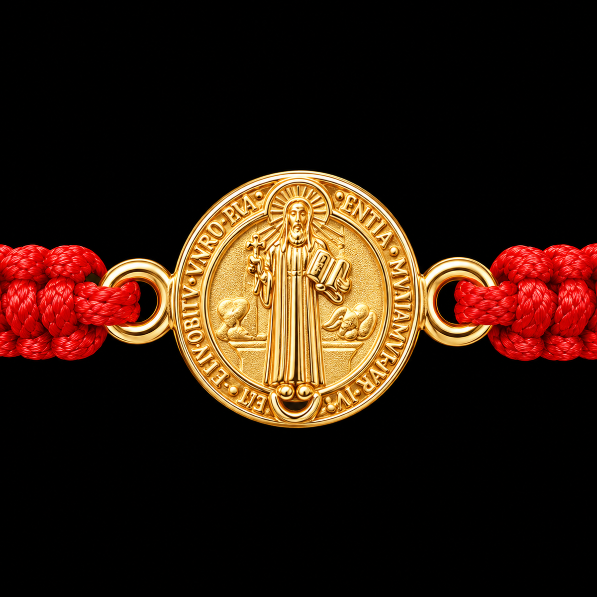 18K Yellow Gold Saint Benedict Red Macramé Bracelet