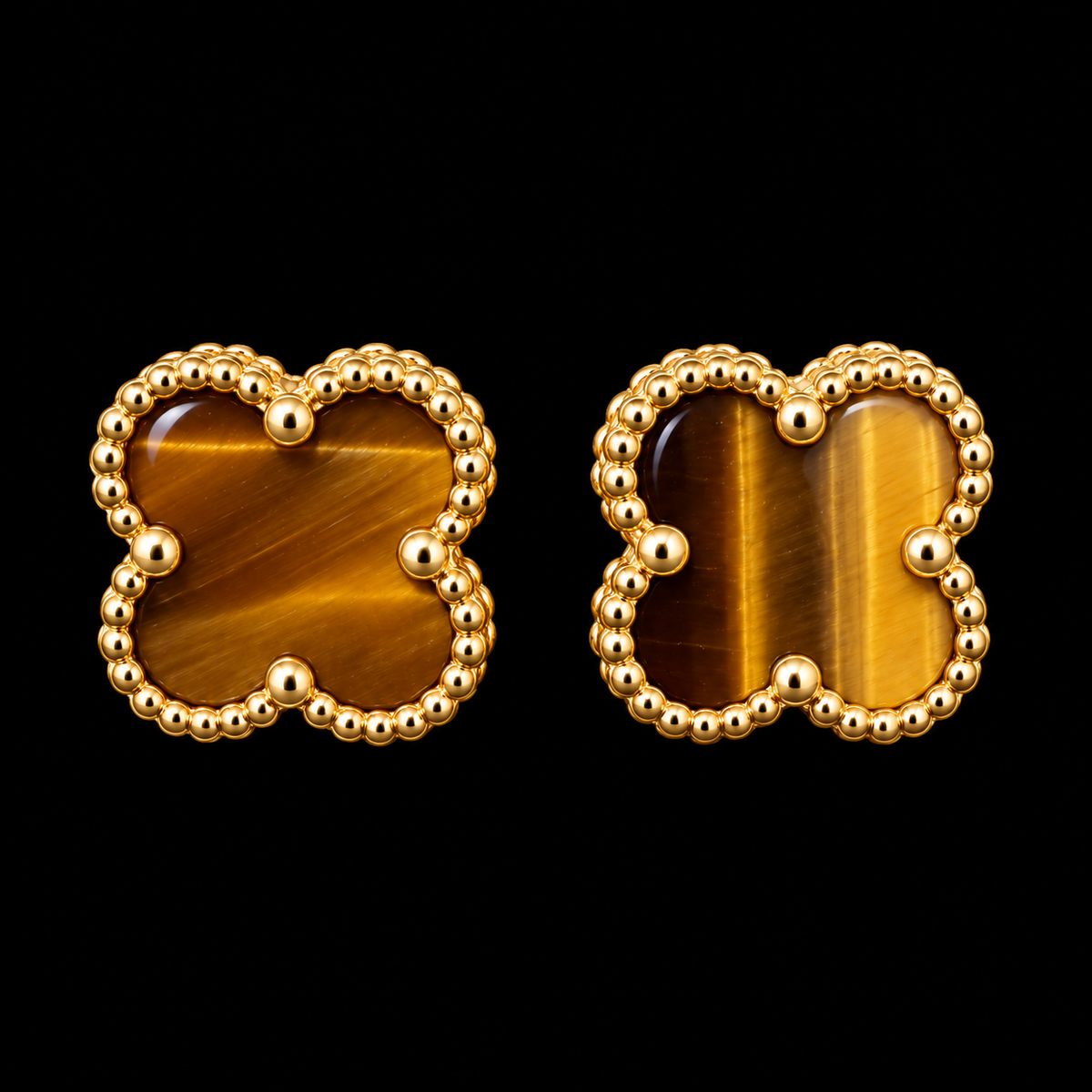 Golden Aura Tiger’s Eye Clover Stud Earrings in 10K Yellow Gold – 10.8mm