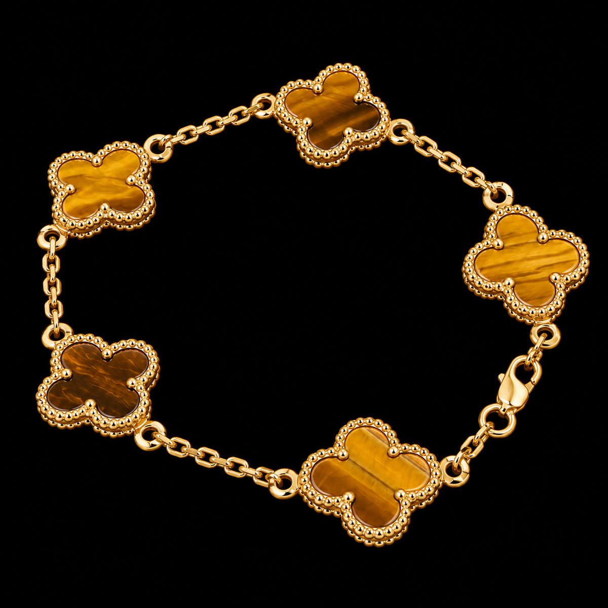S7.5" | Golden Fortune Tiger’s Eye Five-Clover Bracelet in 10K Yellow Gold