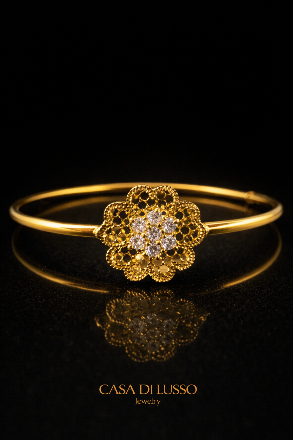 Italian 18K Gold Floral Zirconia Bangle – 8”