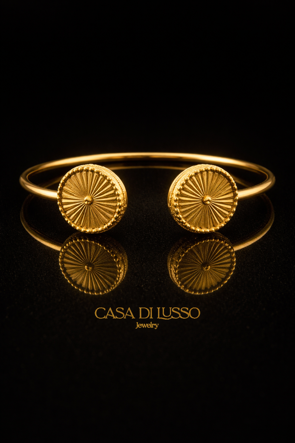 Italian 18K Gold Sunburst Medallion Bangle – 8”