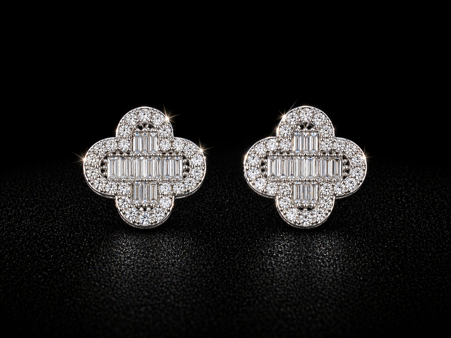Luxe Clover Baguette Moissanite Stud Earrings