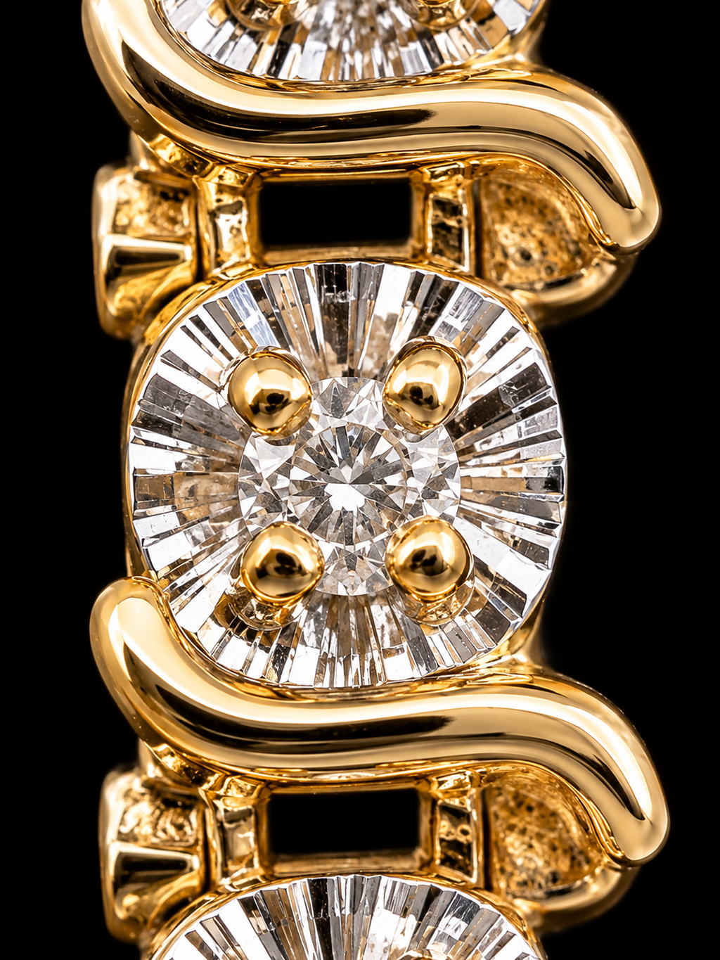 Close-up of a yellow gold bracelet featuring cushion-cut diamonds with four round diamonds set in each link, photographed against a solid black background.