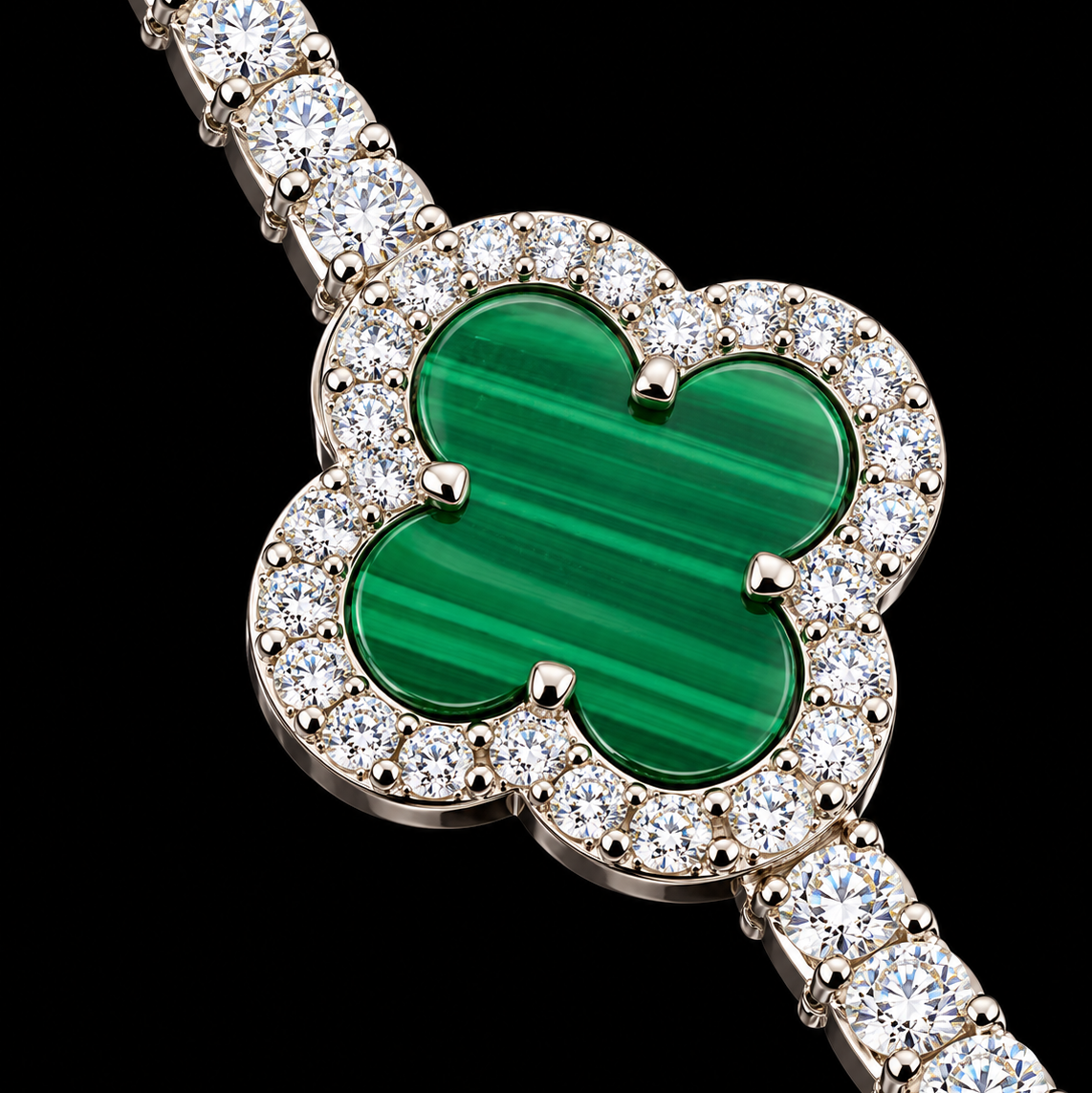 S7.5 | Lusso Verde Clover Moissanite & Malachite Bracelet – 925 Silver | 3.95 CTW