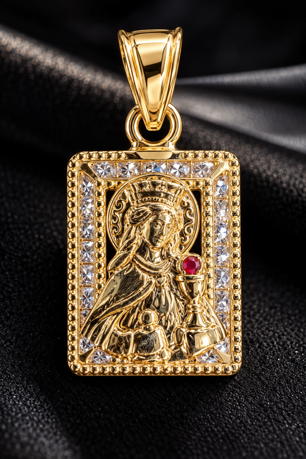 10K Yellow Gold Virgin Mary Rectangular CZ Pendant