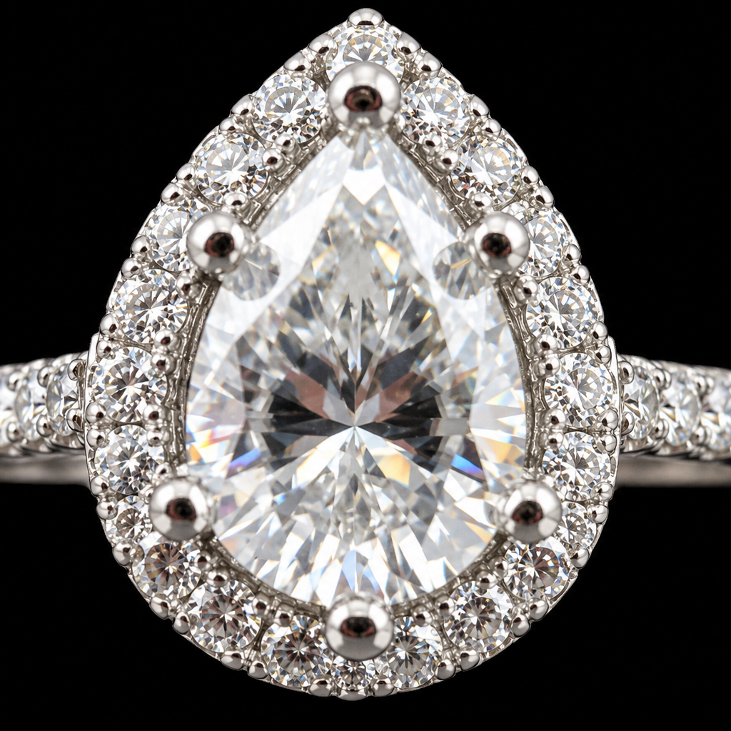 Lusso Celeste 925 Sterling Silver Pear Halo Moissanite Ring – 1.90 CTW